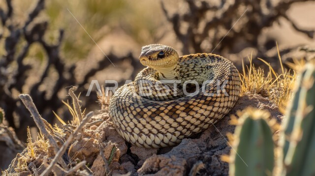 تربية الحيوانات البرية السامة في الصحاري، صورة مقربة لثعبان صحراوي ذو قشور بنية وبيضاء ملفوف على صخرة مع صبار في الصحراء، المناظر الطبيعية في المملكة العربية السعودية، نمو الشوكيات والأعشاب في البراري
