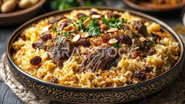 وجبة ذات قيمة غذائية عالية، صورة مقربة لطبق من لحم الضأن والأرز مع الزبيب واللوز، فنون التقديم في مطابخ ومطاعم المملكة العربية السعودية، أطباق من المأكولات العربية التقليدية الشعبية، وصفات طعام شهية صحية ولذيذة