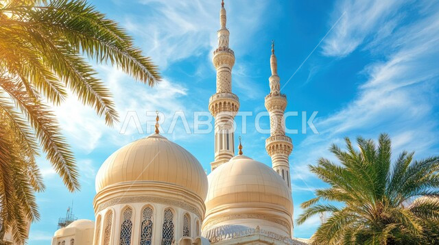 Places to perform religious duties and prayers and get closer to God, minarets and towering domes with Islamic designs in white, the architectural art of building mosques in the Kingdom of Saudi Arabia, interest in planting palm trees, a view of the blue sky with clouds