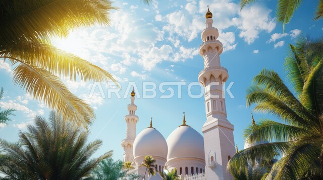 أماكن لأداء الفرائض والصلوات والتقرب إلى الله، المآذن والقبب الشامخة بتصاميم على الطراز الاسلامي باللون الأبيض، الفن الهندسي المعماري لبناء المساجد في المملكة العربية السعودية، الاهتمام بزراعة أشجار النخيل، منظر السماء الزرقاء مع السحب
