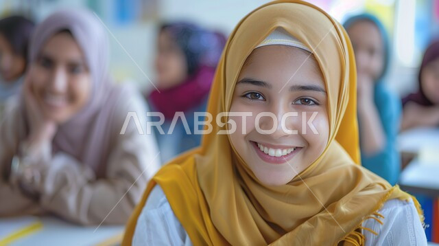 المقررات والمناهج التعليمية الحديثة والمطورة بالسعودية، دور المدارس في رفع مستوى الوعي لدى الطلاب، صورة مقربة لطالبة ثانوي عربية خليجية سعودية محجبة مبتسمة تنظر إلى الكاميرا بإيماءات السعادة والسرور، مفوم العودة للمدرسة