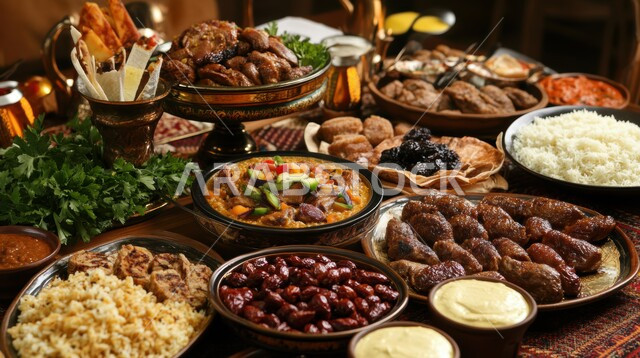 طاولة كبيرة مليئة بمأكولات الشرق الأوسطية، وجبة ذات قيمة غذائية عالية، فنون التقديم في مطابخ ومطاعم المملكة العربية السعودية، أطباق من المأكولات العربية التقليدية الشعبية، وصفات طعام شهية صحية ولذيذة