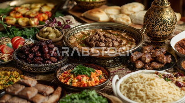 طاولة كبيرة مليئة بمأكولات الشرق الأوسطية، وجبة ذات قيمة غذائية عالية، فنون التقديم في مطابخ ومطاعم المملكة العربية السعودية، أطباق من المأكولات العربية التقليدية الشعبية، وصفات طعام شهية صحية ولذيذة