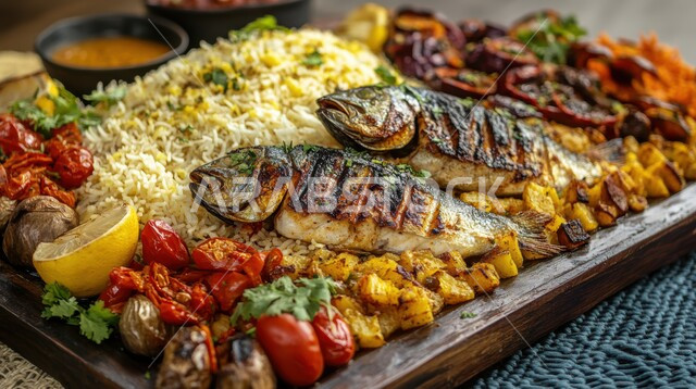 سمك مشوي مع الأرز والطماطم الكرزية والفلفل والأعشاب على الفحم، وجبة ذات قيمة غذائية عالية، فنون التقديم في مطابخ ومطاعم المملكة العربية السعودية، أطباق من المطبخ العربي الشعبي التقليدي، وصفات طعام شهية وصحية وشهية