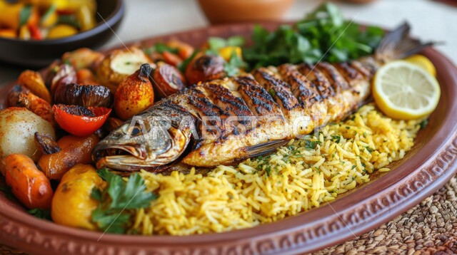 سمك مشوي مع الأرز والطماطم الكرزية والفلفل والأعشاب على الفحم، وجبة ذات قيمة غذائية عالية، فنون التقديم في مطابخ ومطاعم المملكة العربية السعودية، أطباق من المطبخ العربي الشعبي التقليدي، وصفات طعام شهية وصحية وشهية