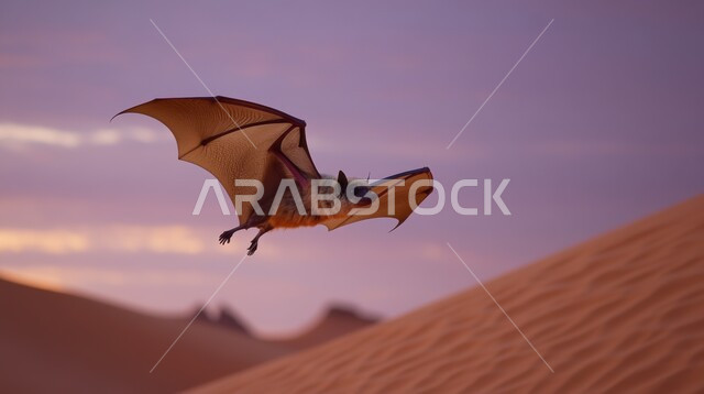 فصيلة الحيوانات الطائرة, حيوانات وطيور الكهوف, صورة مقربة لخفاش باللون البني يطير فوق الصحراء وقت غروب الشمس, الحيوان الصحراوي في المملكة العربيه السعوديه, المحميات الطبيعية للثدييات، التلال والرمال الذهبية الناعمة