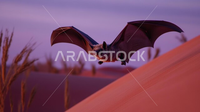 فصيلة الحيوانات الطائرة, حيوانات وطيور الكهوف, صورة مقربة لخفاش باللون البني يطير فوق الصحراء وقت غروب الشمس, الحيوان الصحراوي في المملكة العربيه السعوديه, المحميات الطبيعية للثدييات، التلال والرمال الذهبية الناعمة