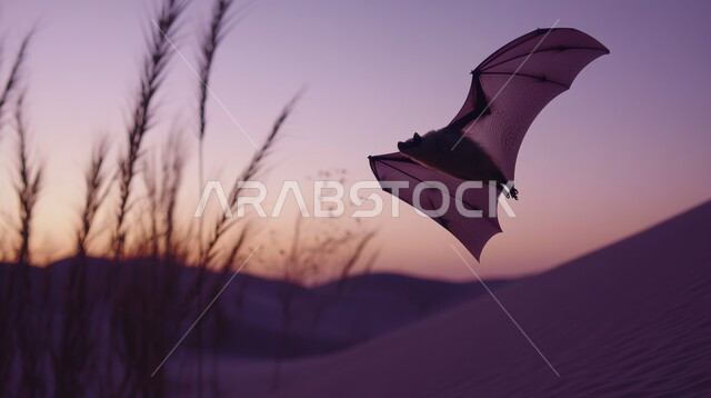 فصيلة الحيوانات الطائرة, حيوانات وطيور الكهوف, صورة مقربة لخفاش باللون البني يطير فوق الصحراء وقت غروب الشمس, الحيوان الصحراوي في المملكة العربيه السعوديه, المحميات الطبيعية للثدييات، التلال والرمال الذهبية الناعمة