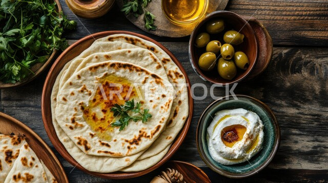 Rustic wooden table with delicious flatbread and olives, fresh and nutritious breakfast table, quick and healthy breakfast, diet meals and foods, delicious breakfast full of healthy proteins