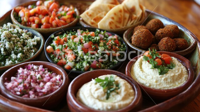 طاولة مليئة بأطباق الشرق الأوسط المتنوعة بما في ذلك الحمص، سفرة إفطار طازجة ومغذية، وجبة فطور صباحية مفيدة وسريعة، وجبات ومأكولات للحميات الغذائية، الافطار اللذيذ المليء بالبروتينات الصحية
