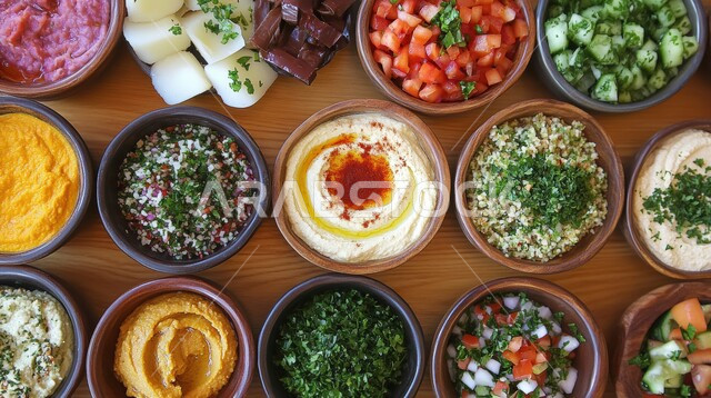طاولة مليئة بأطباق الشرق الأوسط المتنوعة بما في ذلك الحمص، سفرة إفطار طازجة ومغذية، وجبة فطور صباحية مفيدة وسريعة، وجبات ومأكولات للحميات الغذائية، الافطار اللذيذ المليء بالبروتينات الصحية