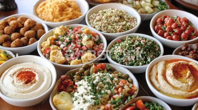 طاولة مليئة بأطباق الشرق الأوسط المتنوعة بما في ذلك الحمص، سفرة إفطار طازجة ومغذية، وجبة فطور صباحية مفيدة وسريعة، وجبات ومأكولات للحميات الغذائية، الافطار اللذيذ المليء بالبروتينات الصحية
