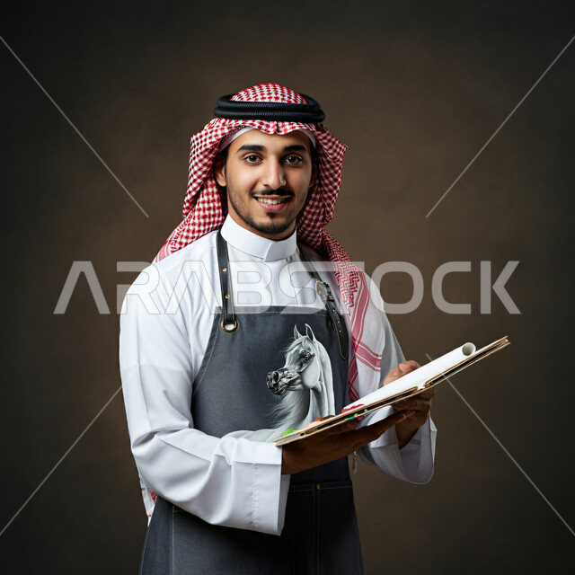 المشاركة في معرض الرسومات و اللوحات التشكيلية في السعودية , بورتريه لرسام عربي خليجي سعودي يرتدي الثوب التقليدي و مريلة الرسم يحمل بيده لوحة فنية مع الالوان المائية ينظر إلى الكاميرا بإيماءات الفرح و السرور , ورشة عمل فنية, خلفية سوداء