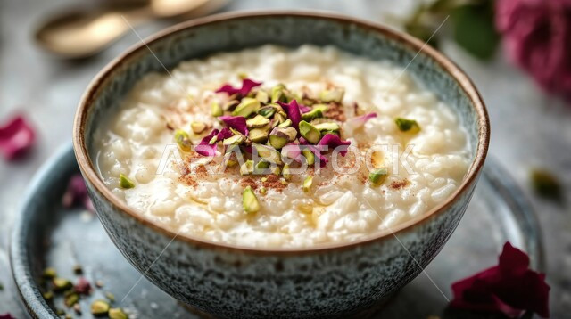 وعاء من بودنغ الأرز الكريمي المغطى بالفستق وبتلات الورد، منتجات محلية وطنية، مأكولات غنية بالسكريات والسعرات الحرارية، أطباق الفطور المغذية والمفيدة، فنون التقديم في مطاعم المملكة العربية السعودية