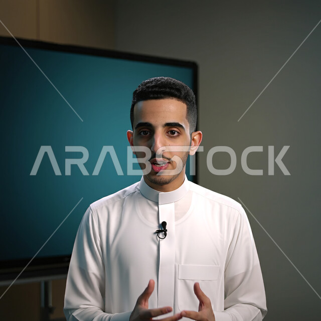 University education in Saudi Arabia, useful educational seminars, close-up of a young Saudi Arabian Gulf university student wearing traditional dress giving a presentation, with expressions of integration, focus and interaction