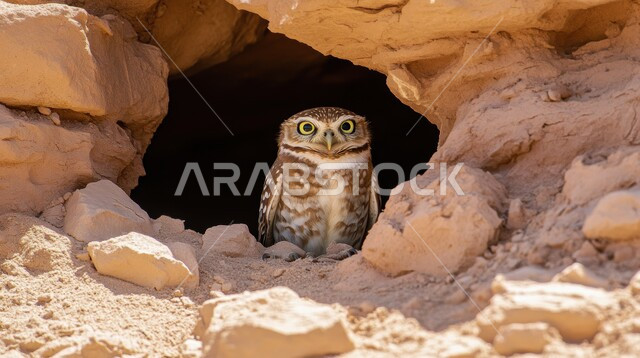 بومة صغيرة ذات عيون صفراء تجلس عند مدخل كهف في الصحراء، تدريب وترويض الطيور الجارحة والمفترسة، الفخر بالتراث السعودي العريق في تربية طائر البوم