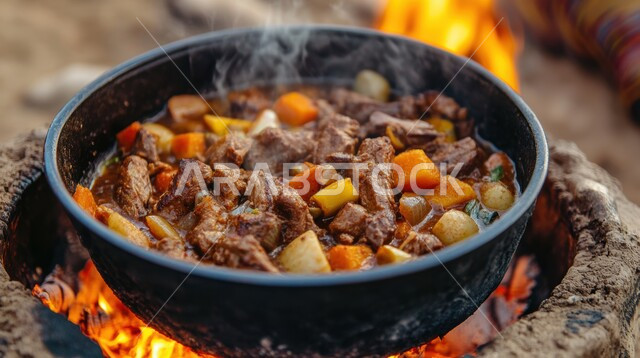A bowl of soup with meat and vegetables cooked on the fire, a meal with high nutritional value, the arts of presentation in restaurants and kitchens of the Kingdom of Saudi Arabia, dishes of traditional popular Arab cuisine, delicious, healthy and tasty food recipes