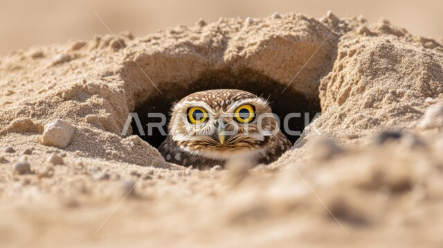 بومة حافرة ذات عيون صفراء كبيرة ومشرقة تطل من جحر في الأرض ، تدريب وترويض الطيور الجارحة والمفترسة، الفخر بالتراث السعودي العريق في تربية طائر البوم