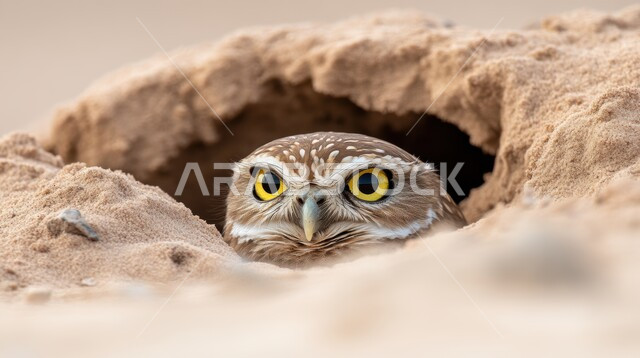 بومة حافرة ذات عيون صفراء كبيرة ومشرقة تطل من جحر في الأرض ، تدريب وترويض الطيور الجارحة والمفترسة، الفخر بالتراث السعودي العريق في تربية طائر البوم