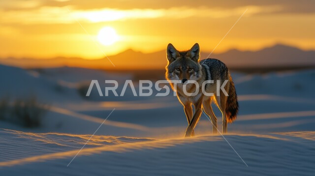  المحميات الطبيعية لتربية الحيوانات الشرسة والمفترسة في المملكة العربية السعودية، صورة مقربة لحيوان الذئب يسير فوق الرمال الذهبية الناعمة بإيماءات القوة وسط المناطق الصحراوية عند غروب الشمس، مفهوم الحياة البرية