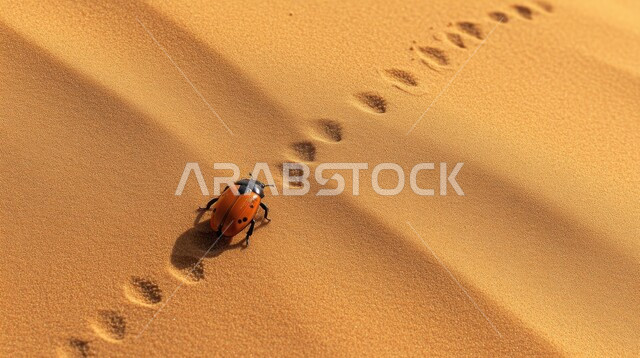 الرمال الذهبية الناعمة في صحاري السعودية، صورة مقربة لحشرة الخنفساء تسير عبر الصحراء، المناظر الطبيعية في المناطق الصحراوية في المملكة، خلفية الطبيعة 
