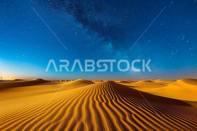 منظر لمجرة درب التبانة والنجوم اللامعة في سماء السعوديه, التضاريس والمرتفعات والكثبان الرملية في المملكة وقت الليل، الرمال الذهبية الناعمة، البيئة الصحراوية في الصحراء العربية، خلفية الطبيعة
