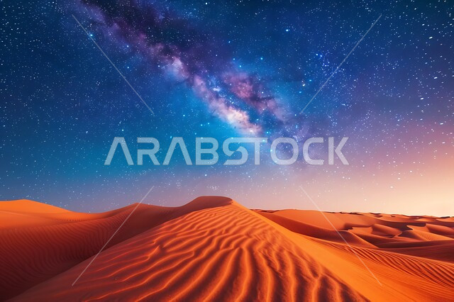منظر لمجرة درب التبانة والنجوم اللامعة في سماء السعوديه, التضاريس والمرتفعات والكثبان الرملية في المملكة وقت الليل، الرمال الذهبية الناعمة، البيئة الصحراوية في الصحراء العربية، خلفية الطبيعة