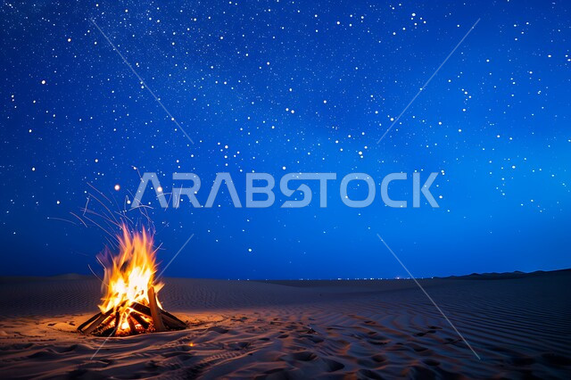 Adventure and wilderness outings places, quiet night atmosphere in front of a firewood flame in the desert, tourist camps in the deserts of the Kingdom of Saudi Arabia, enjoyable youth camping atmosphere, nature and soft golden sands, view of the starry sky at night