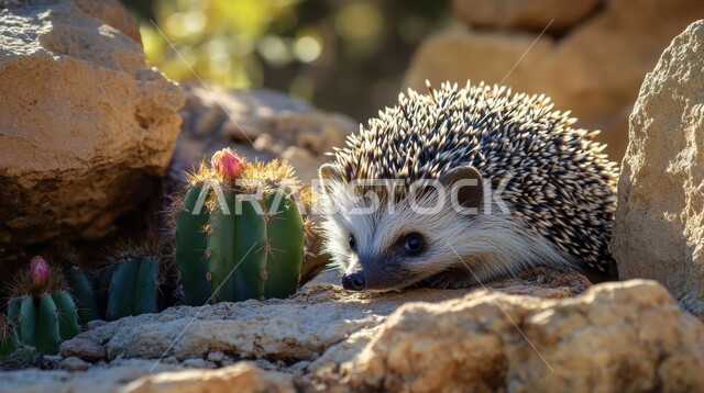 قنفذ صغير ذو أشواك بنية وبيضاء يختبئ بين الصخور،صورة لحيوانات برية تعيش في الأماكن الصحراوية،حيوان مغطى بأشواك حادة