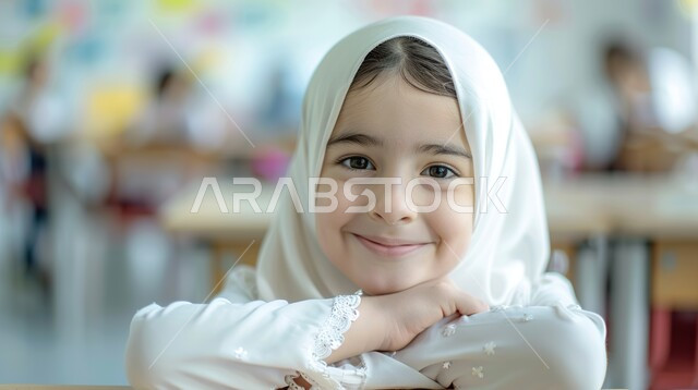 المقررات والمناهج التعليمية الحديثة والمطورة بالسعودية، دور المدارس في رفع مستوى الوعي لدى الطلاب، صورة مقربة لطالبة عربية خليجية سعودية محجبة تجلس أمام الطاولة الدراسية بإيماءات وجه ويدين تدل على السعادة والسرور، مفهوم العودة إلى المدارس