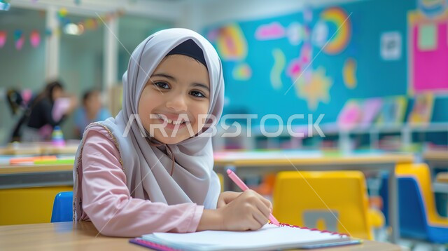 التعليم في المملكة العربية السعودية, صورة مقربة لفتاة عربية خليجية سعودية محجبة ترتدي الزي المدرسي تجلس على الطاولة و تحمل بيدها قلم وتنظر إلى الكاميرا بايماءات السعادة والسرور، الاستعداد للعام الدراسي الجديد، مفهوم العودة إلى المدارس