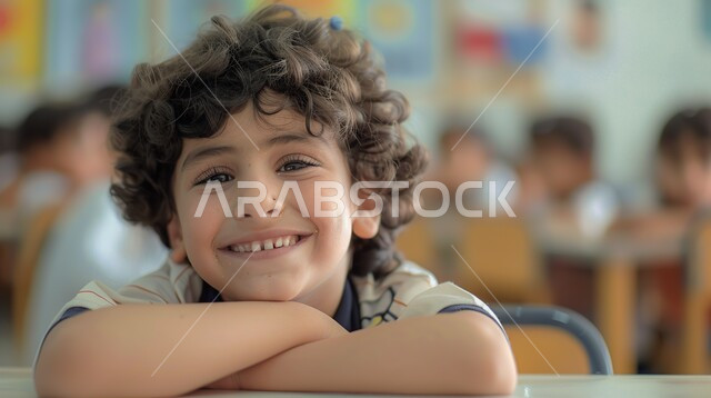 Modern and developed educational curricula and syllabuses in Saudi Arabia, the role of schools in raising awareness among students, a close-up of a Saudi Arabian Gulf student wearing a school uniform sitting in front of a desk with facial and hand gestures indicating happiness and pleasure, the concept of returning to school