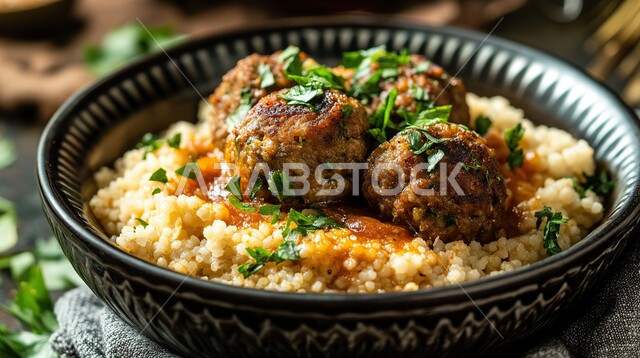 فنون التقديم في مطاعم ومطابخ المملكة العربية السعودية، أطباق من المأكولات العربية التقليدية الشعبية، وصفات طعام شهية صحية ولذيذة، طبق من الكسكسي بالكفتة، وجبة ذات قيمة غذائية عالية