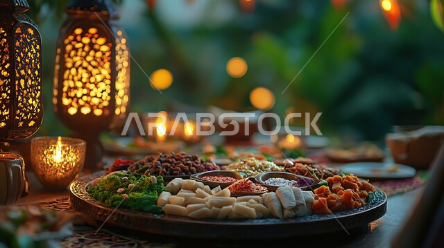 انواع الأطعمة الشرقية العربية في موائد شهر رمضان المبارك، موعد الإفطار عند اذان المغرب، مطاعم ومطابخ المملكة العربية السعودية، سفرة مليئة بأصناف المأكولات والمقبلات الشهية، الوجبات والأطباق الرئيسية على مائدة الطعام