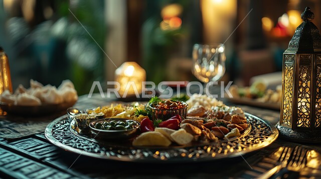 الوجبات والأطباق الرئيسية على مائدة الطعام، أنواع الأطعمة الشرقية العربية في موائد شهر رمضان المبارك، موعد الإفطار عند اذان المغرب، مطاعم ومطابخ المملكة العربية السعودية، سفرة مليئة بأصناف المأكولات والمقبلات الشهية