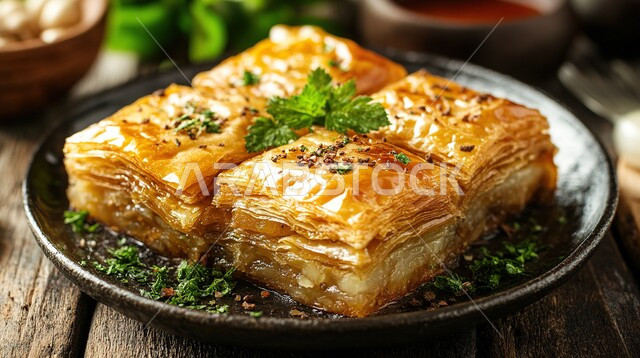 الحلويات العربية الشرقية، طبق من البقلاوة اللذيذة المزينة بالجوز، منتجات محلية وطنية، الأساليب الفنية في تقديم الطعام، مأكولات غنية بالسكريات والسعرات الحرارية