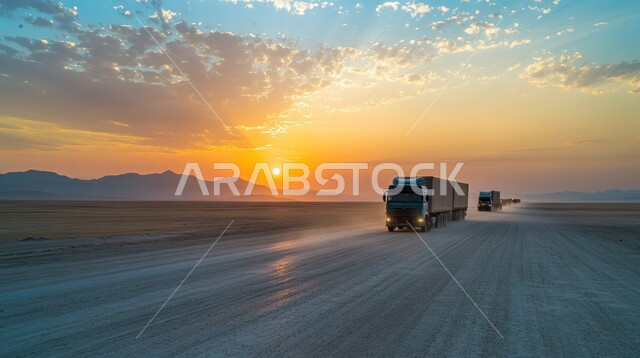 اطلالة جميلة للطريق السريع في المملكة العربية السعودية وقت غروب الشمس  ، الطريق السريع  في السعودية بين الرمال الذهبية في الصحراء ، طريق مغبر نموذجي ، الطبيعة في السعودية ، الشاحنات الكبيرة لنقل البضائع