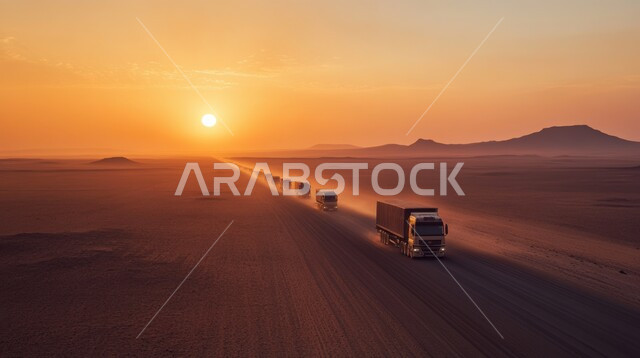 اطلالة جميلة للطريق السريع في المملكة العربية السعودية وقت غروب الشمس  ، الطريق السريع  في السعودية بين الرمال الذهبية في الصحراء ، طريق مغبر نموذجي ، الطبيعة في السعودية ، الشاحنات الكبيرة لنقل البضائع
