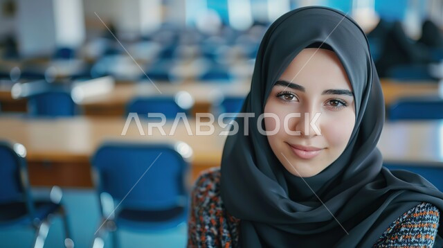 الحرص على التفوق والنجاح، المتابعة والتركيز على الدروس في الفصل الدراسي، صورة مقربة لشابة عربية خليجية سعودية محجبة تجلس على طاولة الدراسة تنظر إلى الكاميرا بإيماءات  السعادة والسرور، مفهوم التعليم في المملكة العربية السعودية