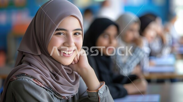 مفهوم العودة إلى المدارس، التعليم الدراسي في المملكة العربية السعودية، صورة مقربة لطالبة عربية خليجية سعودية مبتسمة محجبة تجلس في الفصل الدراسي تضع يدها على خدها وتنظر إلى الكاميرا بإيماءات السعادة والسرور، الإستعداد للعام الدراسي الجديد