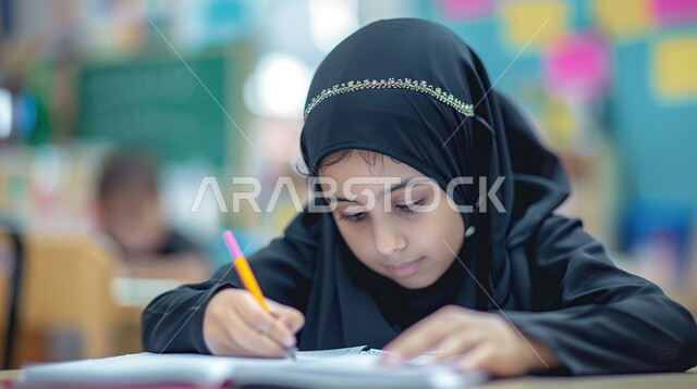 مفهوم العودة إلى المدارس, التعليم في المملكة العربية السعودية, صورة مقربة لفتاة عربية خليجية سعودية ترتدي الزي المدرسي تجلس على الطاولة و تقوم بالكتابة على الدفتر، ايماءات التركيز في الكتابة، الاستعداد للعام الدراسي الجديد