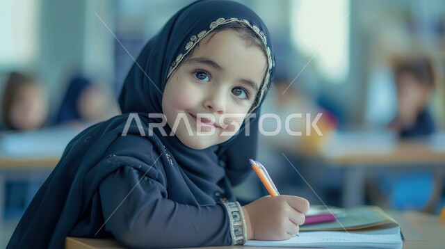 التعليم الدراسي في المملكة العربية السعودية، صورة مقربة لطالبة عربية خليجية سعودية مبتسمة محجبة تحمل بيدها قلم وتكتب وتنظر إلى الكاميرا بإيماءات السعادة والسرور، الإستعداد للعام الدراسي الجديد، مفهوم العودة إلى المدارس