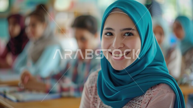 Modern and developed educational curricula and syllabuses in Saudi Arabia, the role of schools in raising awareness among students, a close-up of a smiling veiled Saudi Arabian Gulf secondary school student looking at the camera with gestures of happiness and pleasure, the concept of returning to school