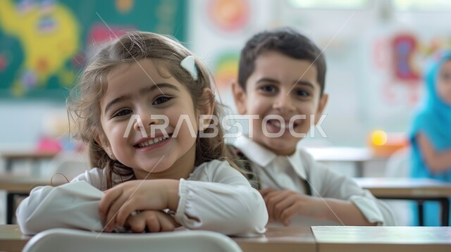 موسم العودة للمدرسة، طرائق التعليم المتطورة في مدارس المملكة العربية السعودية، صورة مقربة لطالب وطالبة عربيان خليجيان سعوديان ميرتدون الزي المدرسي وينظرون إلى الكاميرا بايماءات تدل على السعادة والسرور، دور المدارس في رفع مستوى الوعي لدى الطلاب