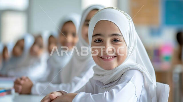 طرائق التعليم المتطورة في مدارس المملكة العربية السعودية، موسم العودة للمدرسة، صورة مقربة لطالبة عربية خليجية سعودية محجبة مبتسمة ترتدي الزي المدرسي وتنظر إلى الكاميرا بايماءات تدل على السعادة والسرور
