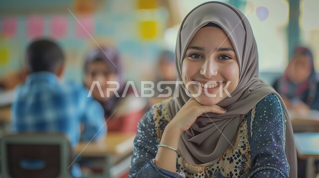 دور المدارس في رفع مستوى الوعي لدى الطلاب، صورة مقربة لطالبة ثانوي عربية خليجية سعودية محجبة مبتسمة تضع يدها على ذقنها وتنظر إلى الكاميرا بإيماءات السعادة والسرور، مفوم العودة للمدرسة، المقررات والمناهج التعليمية الحديثة والمطورة بالسعودية