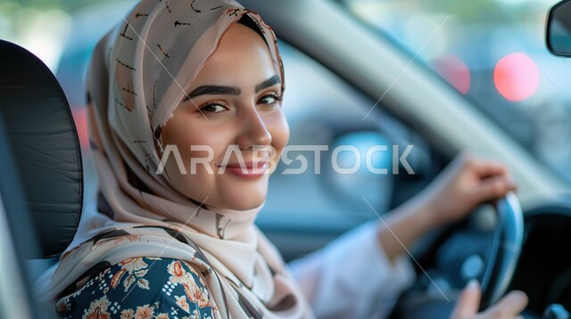 Commitment to public safety and security rules, the importance of women learning to drive, a close-up of a smiling Saudi Arabian Gulf girl, the concept of independence and self-reliance, expressions of happiness and pleasure, women mastering driving on main roads
