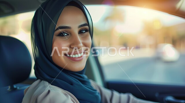 إتقان قيادة المرأة للسيارة في الطرق الرئيسية، الإلتزام بقواعد الأمن والسلامة العامة، أهمية تعلم القيادة للسيدات، صورة مقربة لشابه عربية خليجية سعودية مبتسمة، مفهوم الاستقلال والاعتماد الذاتي، تعابير السعادة والسرور