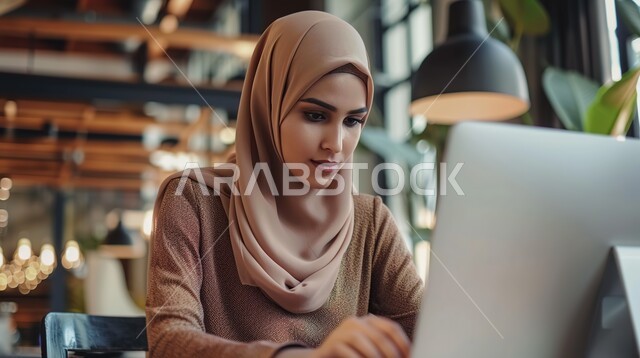 مفهوم إدارة شؤون الأعمال وتنظيمها عبر الاجهزة التقنية، دمج العمل مع التقنية والتكنولوجيا، صورة مقربة لامرأة عربية خليجية سعودية محجبة تقوم بالعمل على الحاسب المحمول داخل المكتب، مهن ووظائف نسائية سعودية