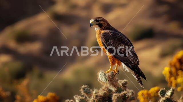  نباتات  الشوكيات والأعشاب في المناطق الصحراوية، الفخر بالتراث السعودي العريق في تربية الطيور، صورة مقربة لصقر يقف فوق غصن شجرة الصبار في المحميات الطبيعية بالصحراء، زراعة الأشجار والنباتات الطبيعية، القمم والمرتفعات الجبلية